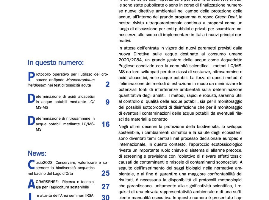 Il nuovo numero del Notiziario dei Metodi Analitici dell’Istituto di Ricerca sulle Acque è disponibile
