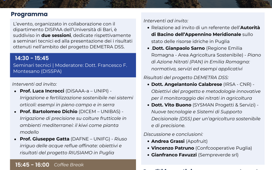 Risorse idriche e nitrati: normativa, monitoraggio e nuove tecnologie. Evento conclusivo del progetto DEMETRA DSS